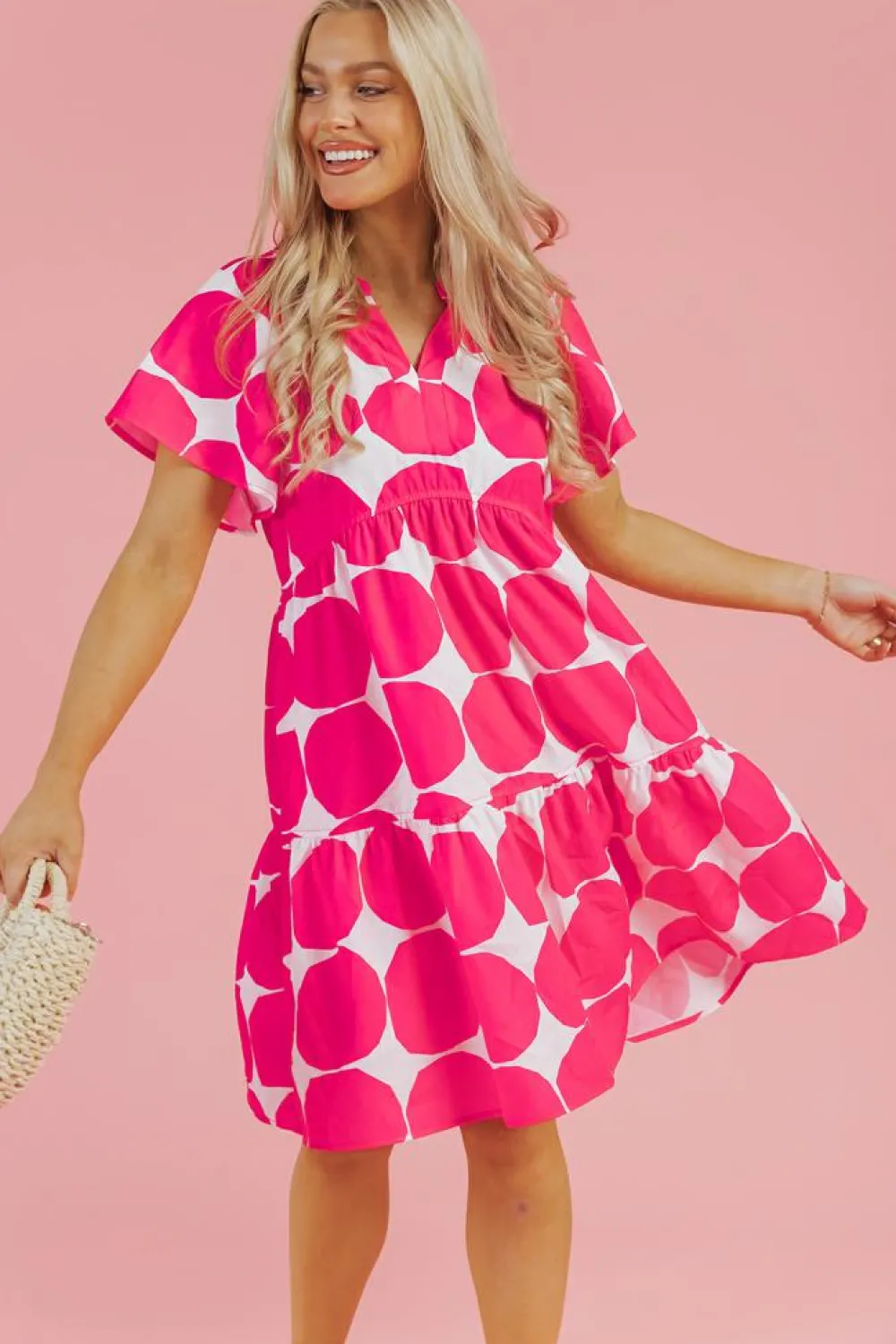 Sale Dear-Lover Polka Dot Flutter Sleeve Notched Neck Tiered Flowy Dress Rose