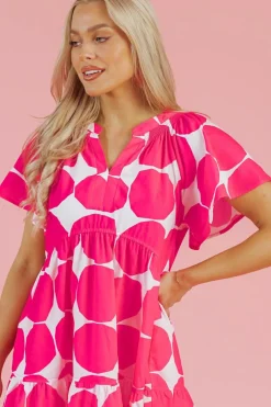 Sale Dear-Lover Polka Dot Flutter Sleeve Notched Neck Tiered Flowy Dress Rose