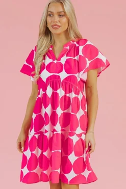 Sale Dear-Lover Polka Dot Flutter Sleeve Notched Neck Tiered Flowy Dress Rose