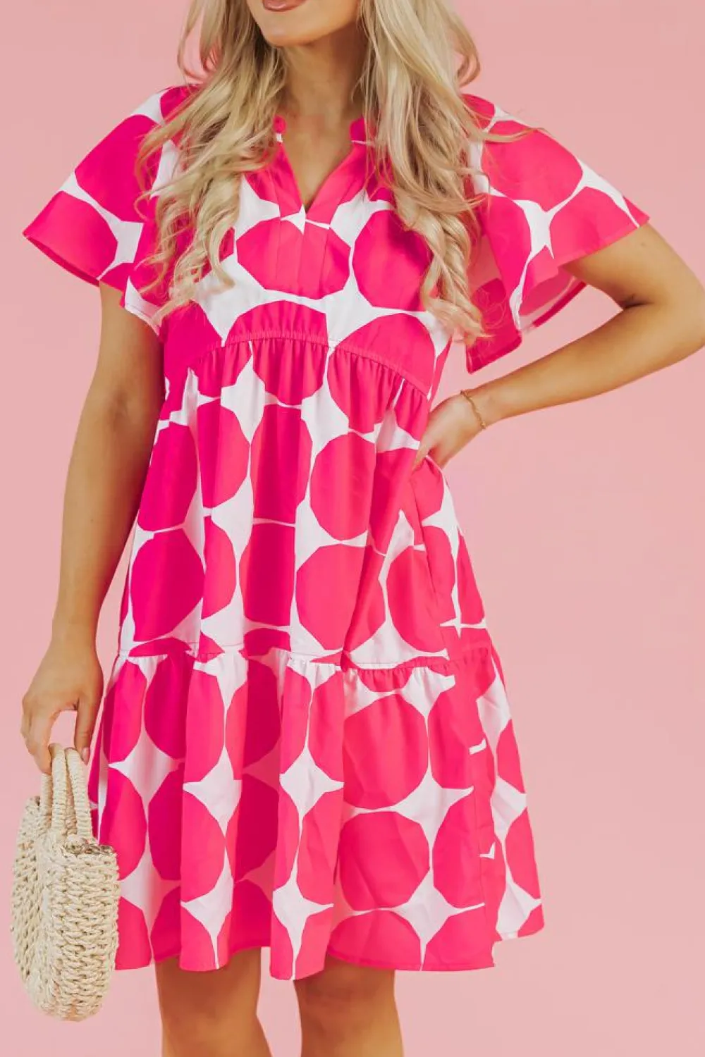 Sale Dear-Lover Polka Dot Flutter Sleeve Notched Neck Tiered Flowy Dress Rose