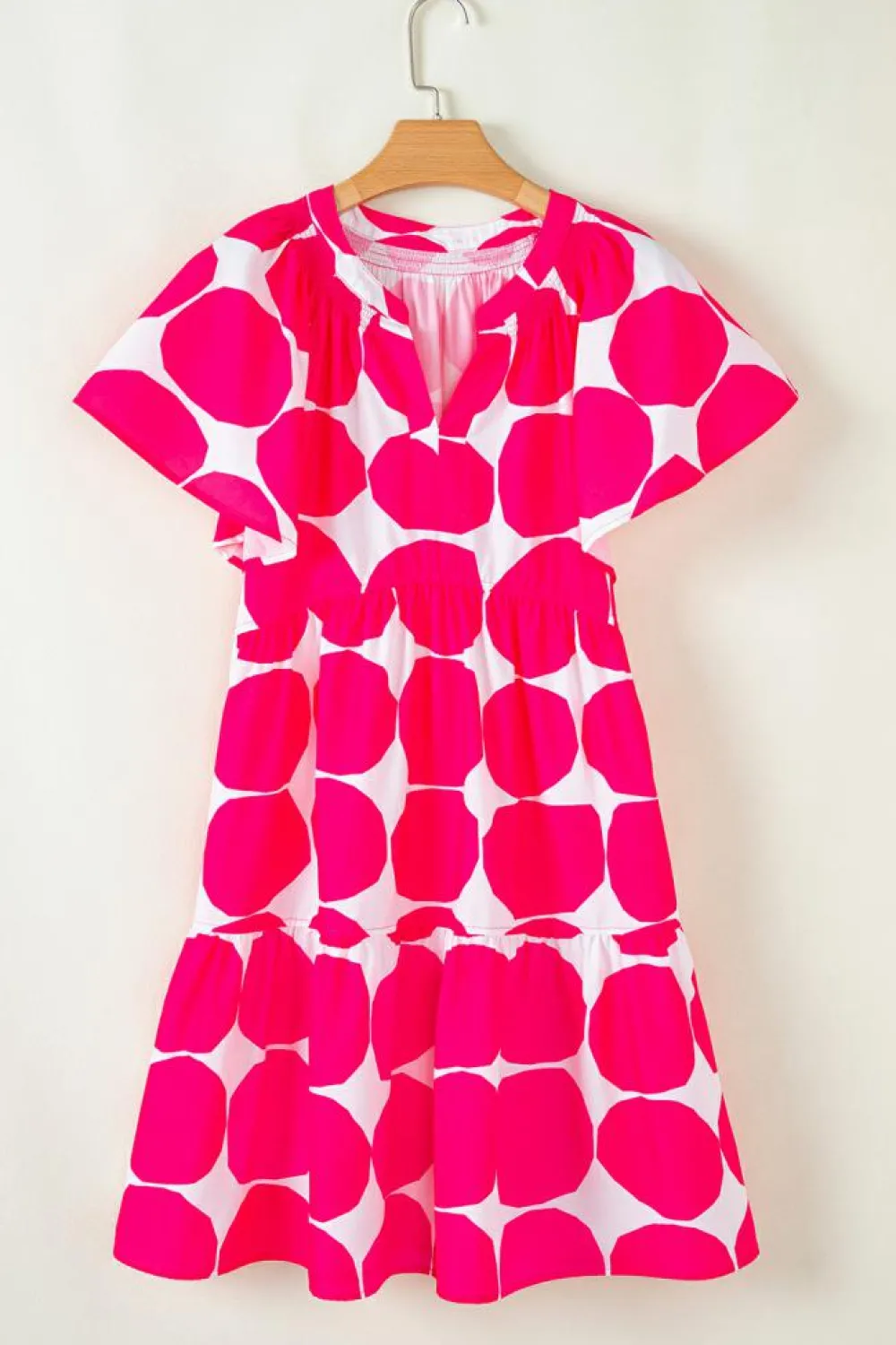 Sale Dear-Lover Polka Dot Flutter Sleeve Notched Neck Tiered Flowy Dress Rose