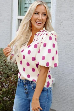 Hot Dear-Lover Polka Dot Print Shirred Yoke Notched Neck Balloon Sleeve Blouse Rose
