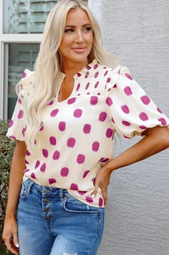 Hot Dear-Lover Polka Dot Print Shirred Yoke Notched Neck Balloon Sleeve Blouse Rose