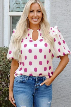 Hot Dear-Lover Polka Dot Print Shirred Yoke Notched Neck Balloon Sleeve Blouse Rose