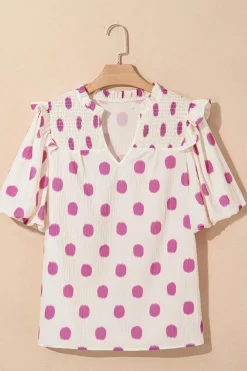 Hot Dear-Lover Polka Dot Print Shirred Yoke Notched Neck Balloon Sleeve Blouse Rose