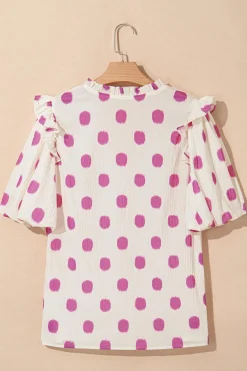 Hot Dear-Lover Polka Dot Print Shirred Yoke Notched Neck Balloon Sleeve Blouse Rose