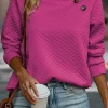 Discount Dear-Lover Rose Quilted Buttoned Neckline Stand Neck Pullover Sweatshirt Rose Red