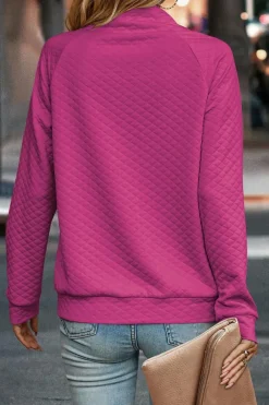 Discount Dear-Lover Rose Quilted Buttoned Neckline Stand Neck Pullover Sweatshirt Rose Red
