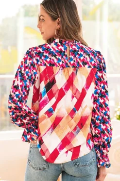 Sale Dear-Lover Abstract Geometric Pattern Patchwork Puff Sleeve Blouse Rose Red