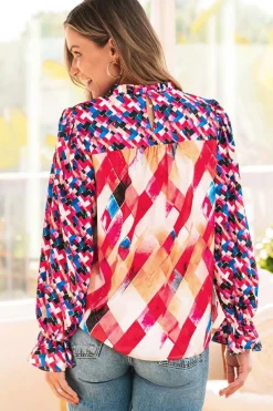 Sale Dear-Lover Abstract Geometric Pattern Patchwork Puff Sleeve Blouse Rose Red