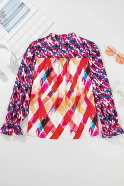 Sale Dear-Lover Abstract Geometric Pattern Patchwork Puff Sleeve Blouse Rose Red