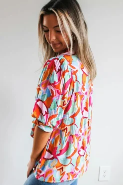 Online Dear-Lover Abstract Print Drawstring V Neck Half Sleeve Blouse Rose Red