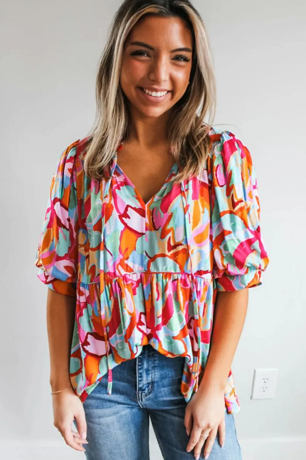 Online Dear-Lover Abstract Print Drawstring V Neck Half Sleeve Blouse Rose Red