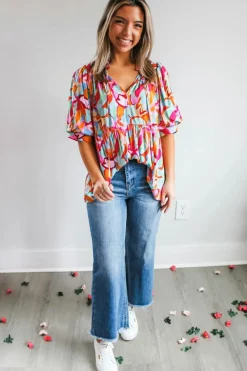 Online Dear-Lover Abstract Print Drawstring V Neck Half Sleeve Blouse Rose Red