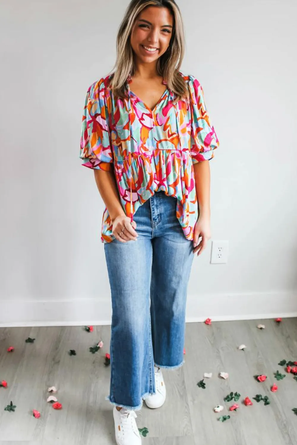 Online Dear-Lover Abstract Print Drawstring V Neck Half Sleeve Blouse Rose Red