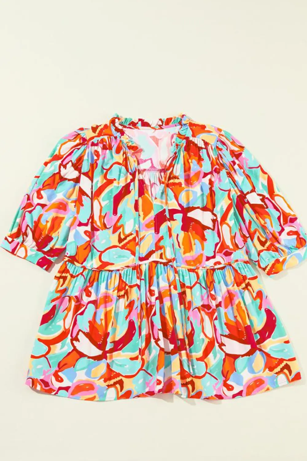 Online Dear-Lover Abstract Print Drawstring V Neck Half Sleeve Blouse Rose Red