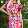 Clearance Dear-Lover Abstract Print Ruffle Sleeve Shift Dress Rose Red
