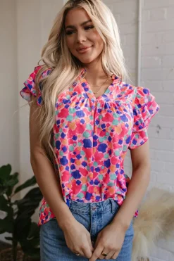 Hot Dear-Lover Abstract Print Ruffled Sleeve V Neck Blouse Rose Red