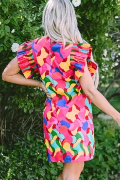 Clearance Dear-Lover Abstract Print Ruffle Sleeve Shift Dress Rose Red