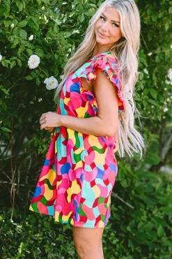 Clearance Dear-Lover Abstract Print Ruffle Sleeve Shift Dress Rose Red