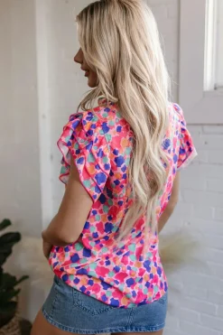 Hot Dear-Lover Abstract Print Ruffled Sleeve V Neck Blouse Rose Red