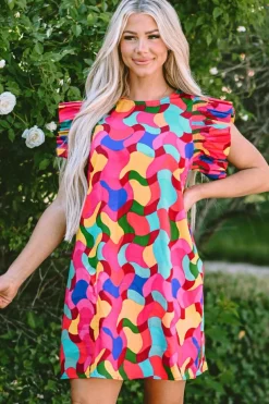 Clearance Dear-Lover Abstract Print Ruffle Sleeve Shift Dress Rose Red