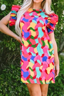 Clearance Dear-Lover Abstract Print Ruffle Sleeve Shift Dress Rose Red