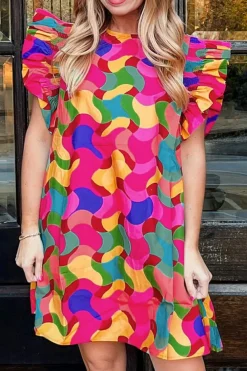 Clearance Dear-Lover Abstract Print Ruffle Sleeve Shift Dress Rose Red