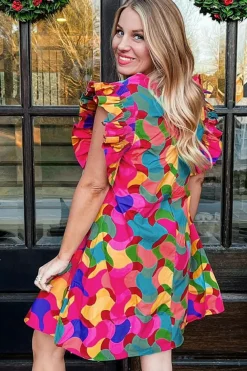 Clearance Dear-Lover Abstract Print Ruffle Sleeve Shift Dress Rose Red