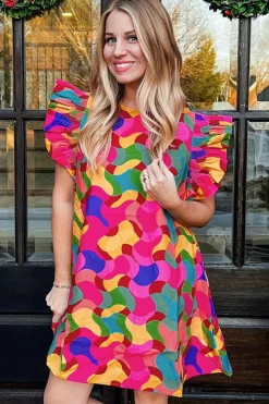 Clearance Dear-Lover Abstract Print Ruffle Sleeve Shift Dress Rose Red