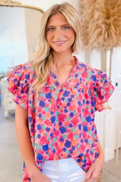 Hot Dear-Lover Abstract Print Ruffled Sleeve V Neck Blouse Rose Red