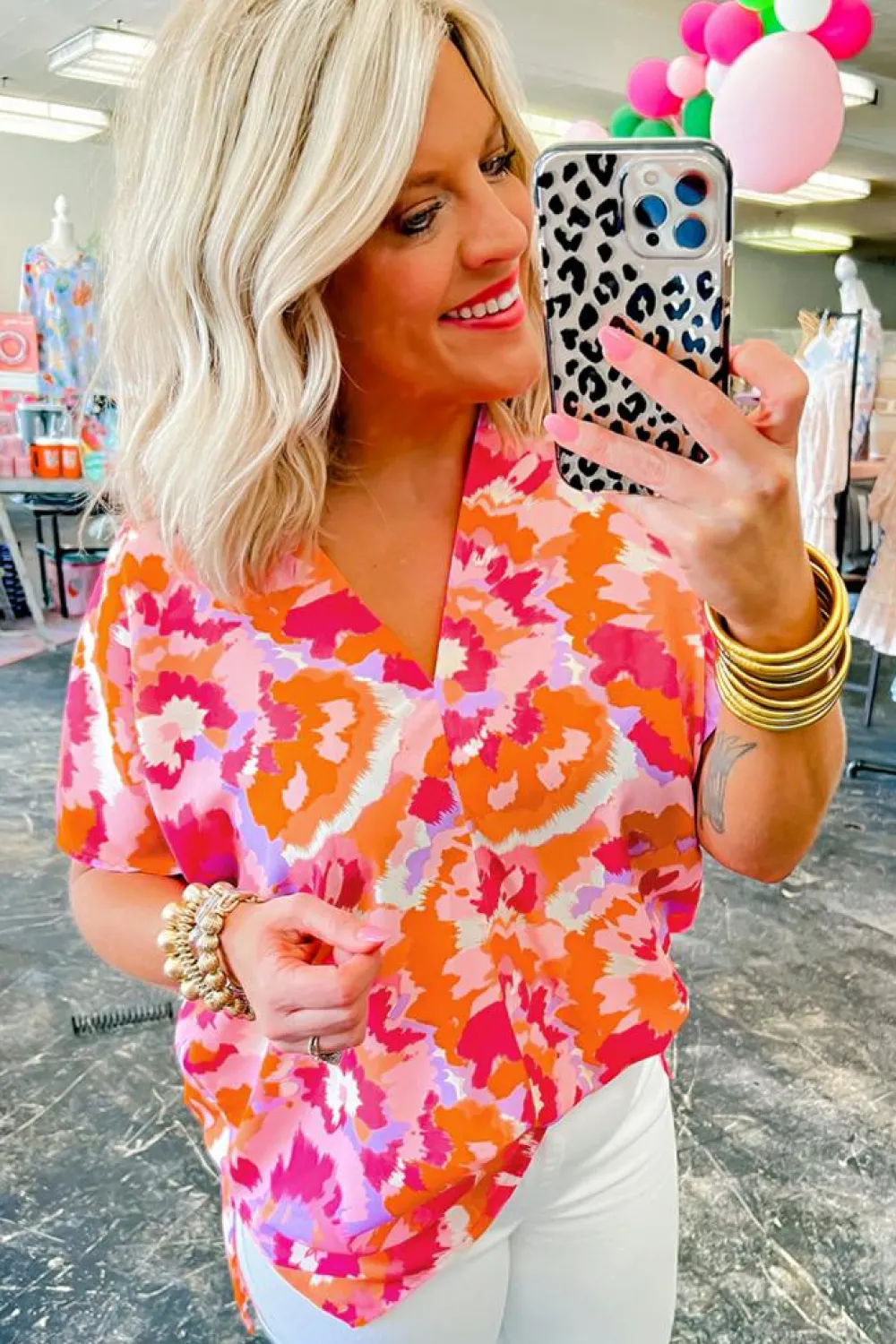 Clearance Dear-Lover Abstract Print V Neck Summer Blouse Rose Red