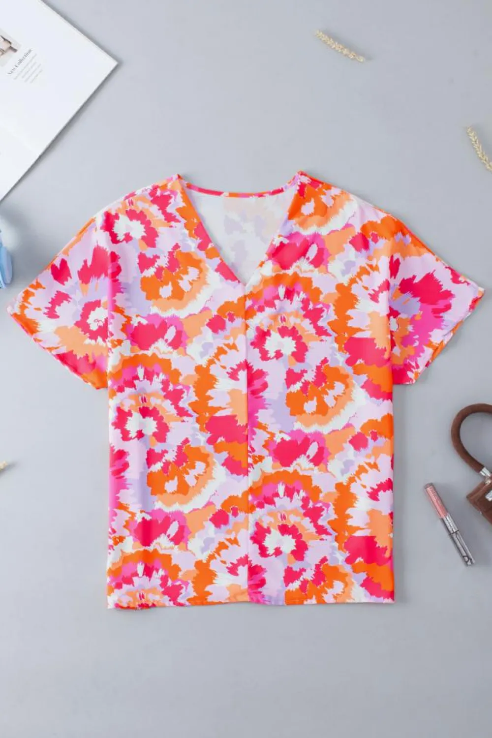 Clearance Dear-Lover Abstract Print V Neck Summer Blouse Rose Red