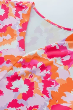 Clearance Dear-Lover Abstract Print V Neck Summer Blouse Rose Red