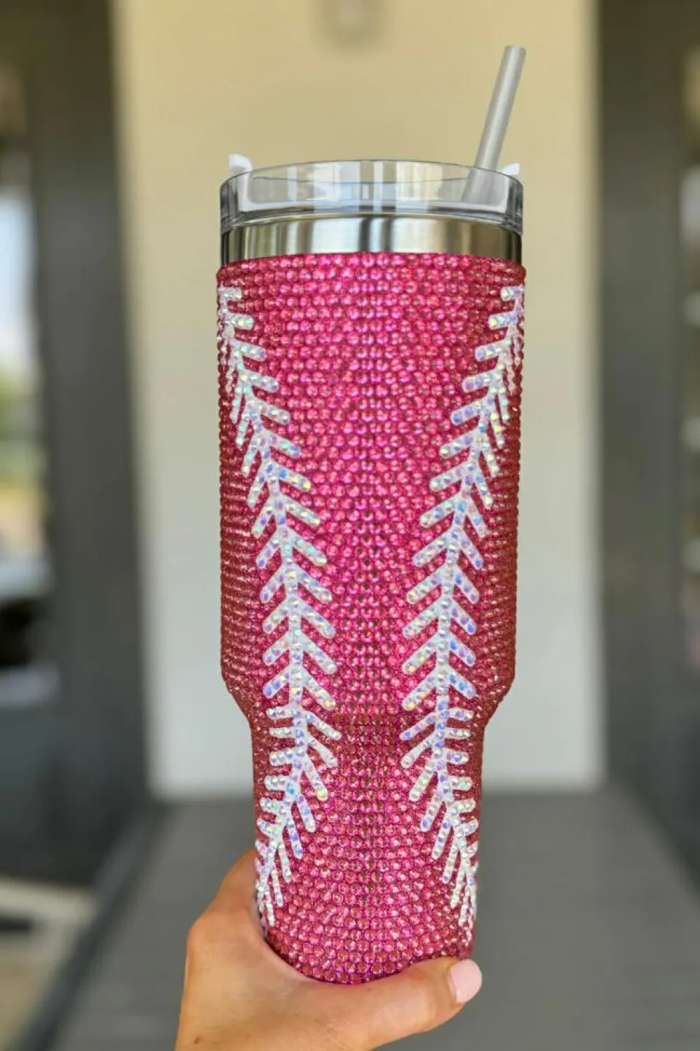 Online Dear-Lover Baseball Rhinestone 40 Oz Tumbler with Handle Rose Red