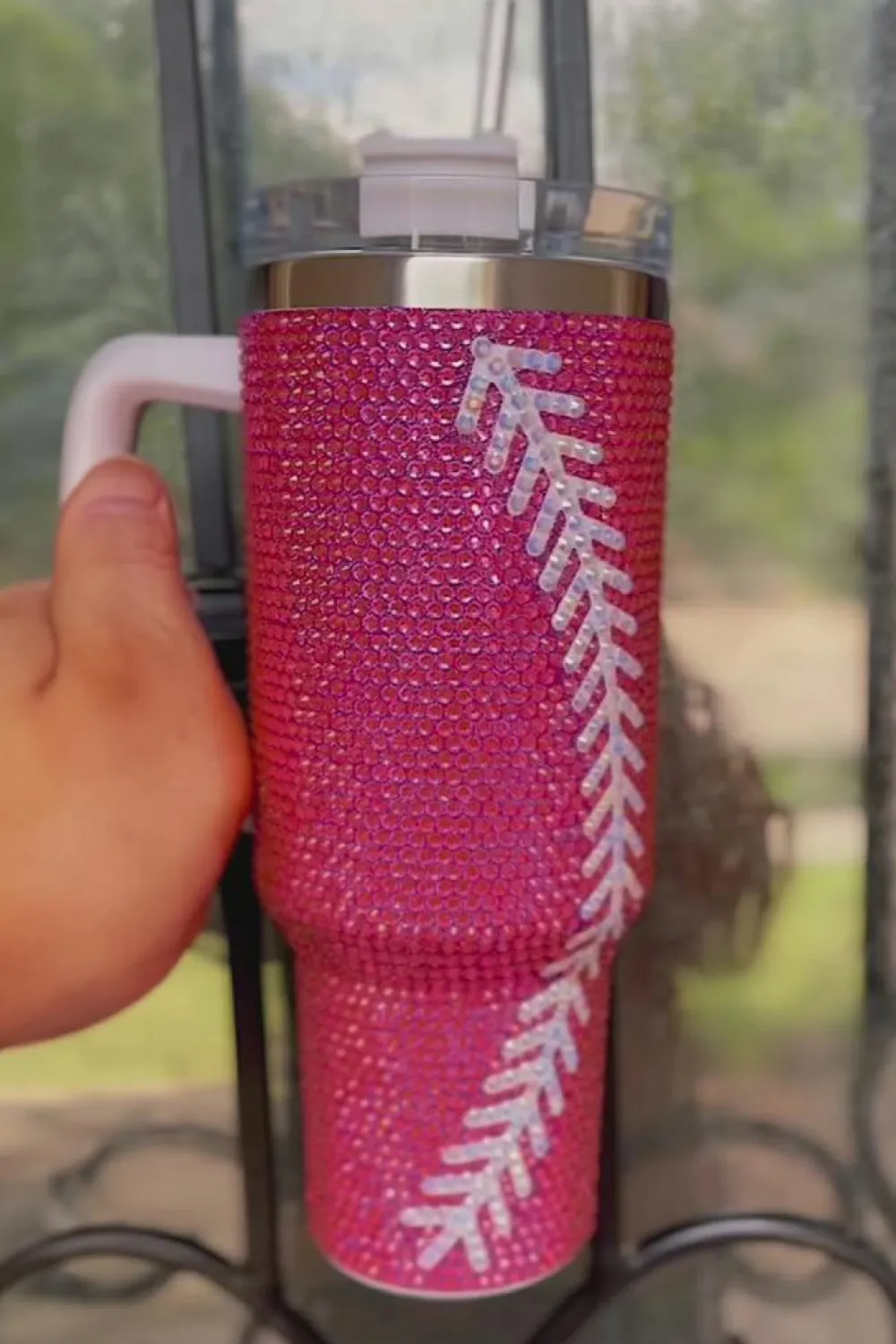 Online Dear-Lover Baseball Rhinestone 40 Oz Tumbler with Handle Rose Red