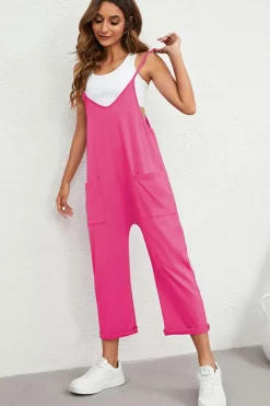 Hot Dear-Lover Black Pocketed Adjustable Spaghetti Strap Straight Leg Jumpsuit Rose Red