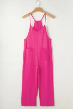 Hot Dear-Lover Black Pocketed Adjustable Spaghetti Strap Straight Leg Jumpsuit Rose Red