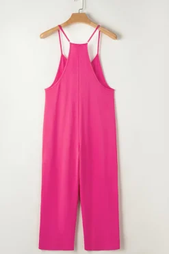 Hot Dear-Lover Black Pocketed Adjustable Spaghetti Strap Straight Leg Jumpsuit Rose Red