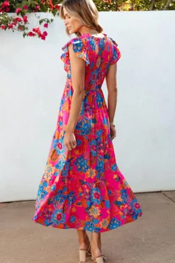 Hot Dear-Lover Boho Floral V Neck Ruffle Tiered Long Dress Rose Red