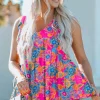 Clearance Dear-Lover Boho Pattern Print Flounce V Neck Tank Top Rose Red
