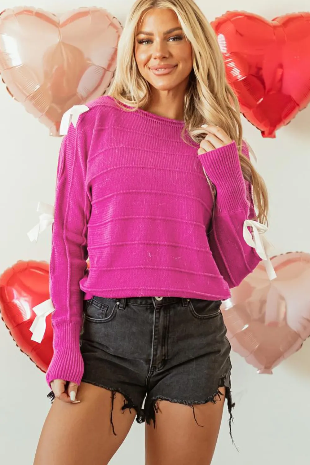 Clearance Dear-Lover Bow Knot Cut Out Round Neck Loose Sweater Rose Red