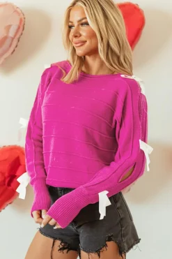 Clearance Dear-Lover Bow Knot Cut Out Round Neck Loose Sweater Rose Red
