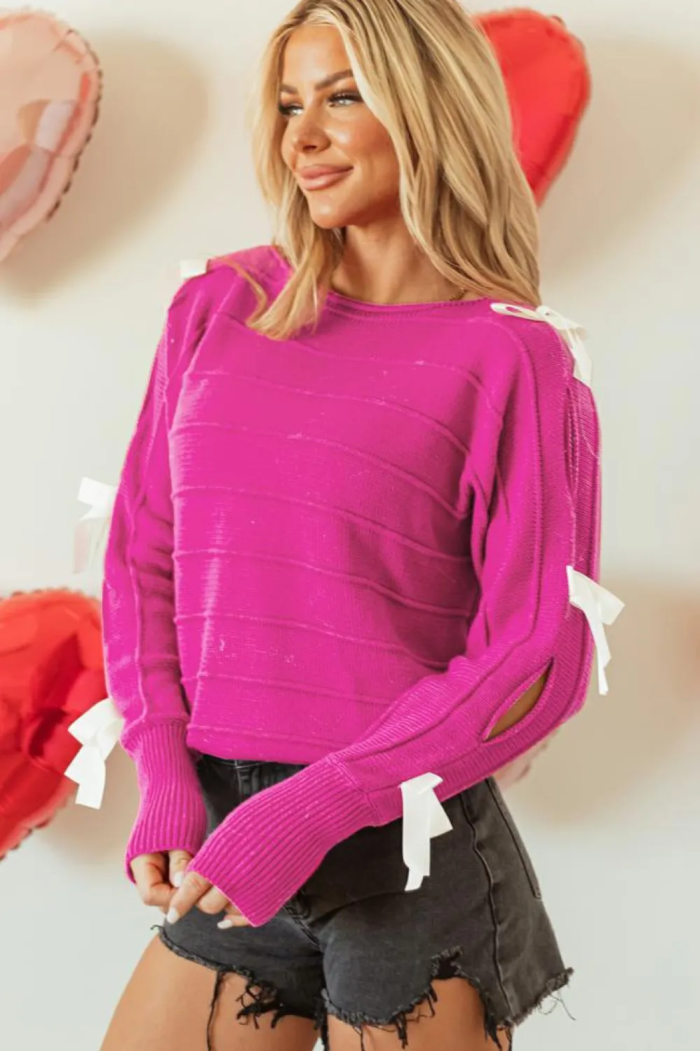 Clearance Dear-Lover Bow Knot Cut Out Round Neck Loose Sweater Rose Red
