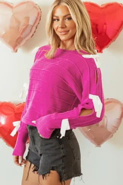 Clearance Dear-Lover Bow Knot Cut Out Round Neck Loose Sweater Rose Red