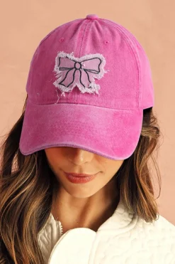 New Dear-Lover Bow Knot Patchwork Washed Adjustable Baseball Cap Rose Red