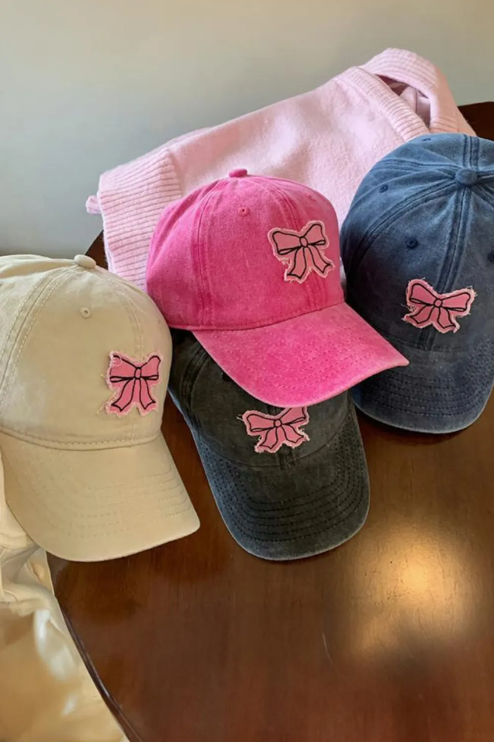 New Dear-Lover Bow Knot Patchwork Washed Adjustable Baseball Cap Rose Red