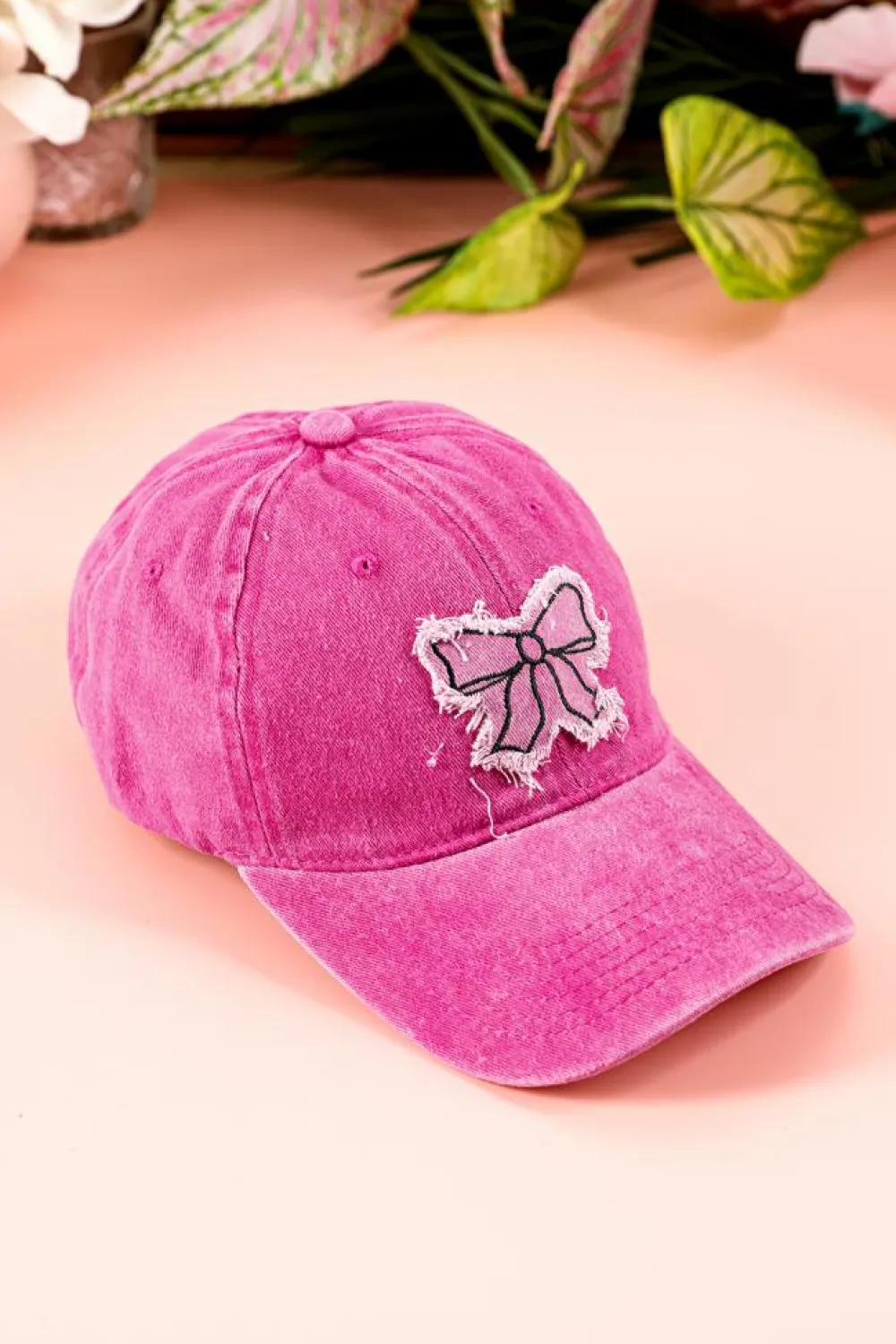 New Dear-Lover Bow Knot Patchwork Washed Adjustable Baseball Cap Rose Red