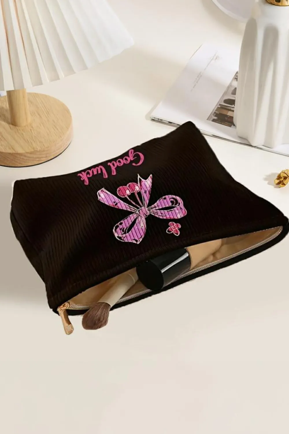 Fashion Dear-Lover Bow Knot Print Zipper Corduroy Large Cosmetic Bag Rose Red