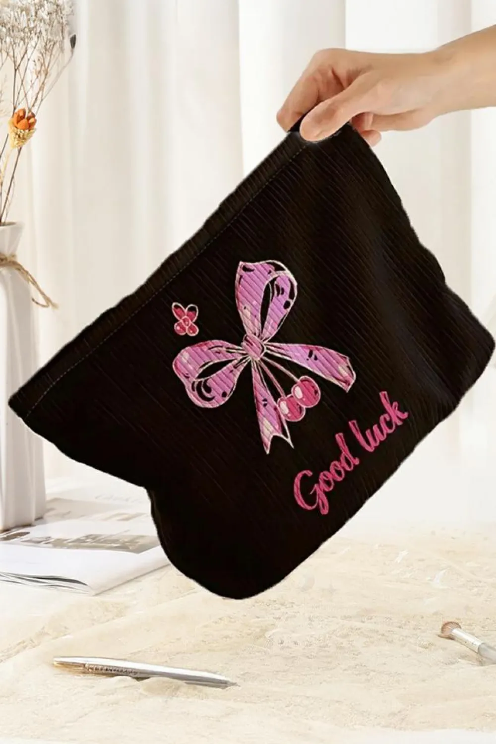Fashion Dear-Lover Bow Knot Print Zipper Corduroy Large Cosmetic Bag Rose Red